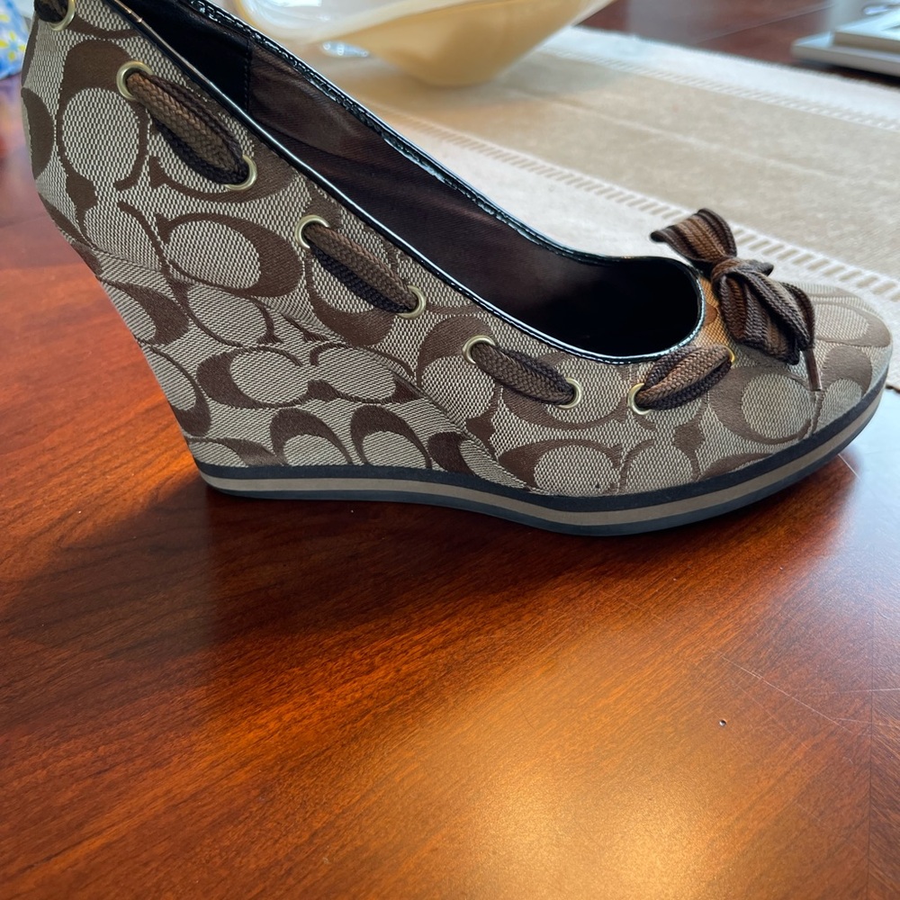 Coach Brown Signature Canvas Wedge Sandals - Picture 4 of 12